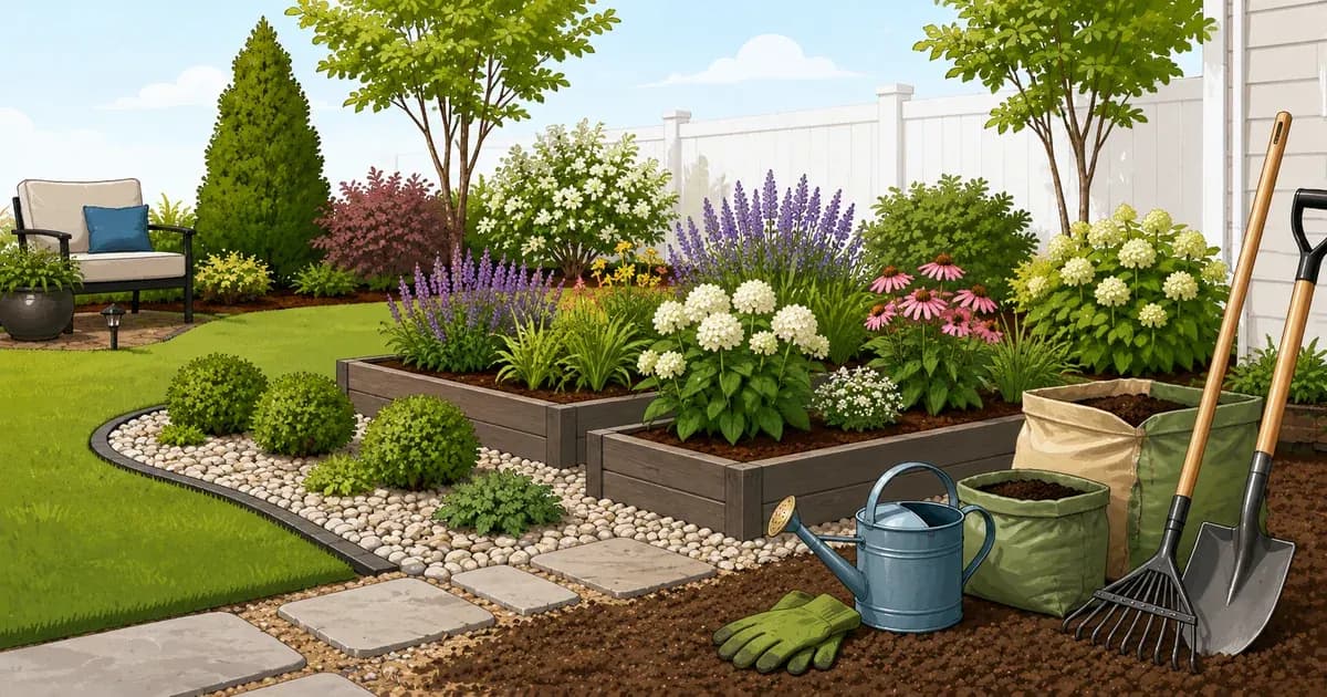 Raised garden beds with wooden frames, dark soil, vegetable plants, and pathway mulch in a backyard garden