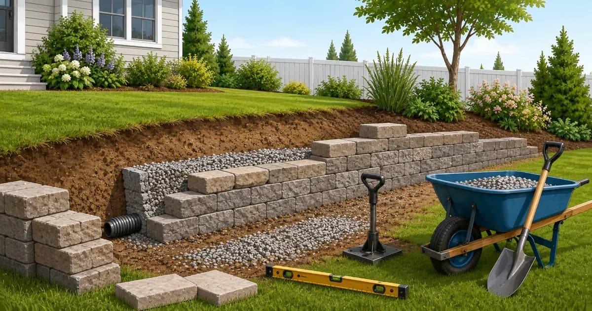Retaining wall project with concrete blocks, gravel base, drainage pipe, and construction tools in a landscaped backyard.