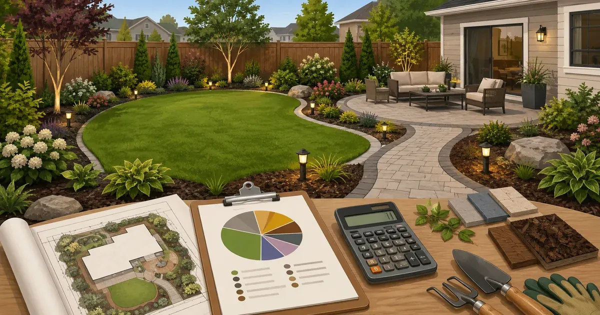 Backyard landscaping budget planning scene with lawn, patio, plants, materials, calculator, and project plan