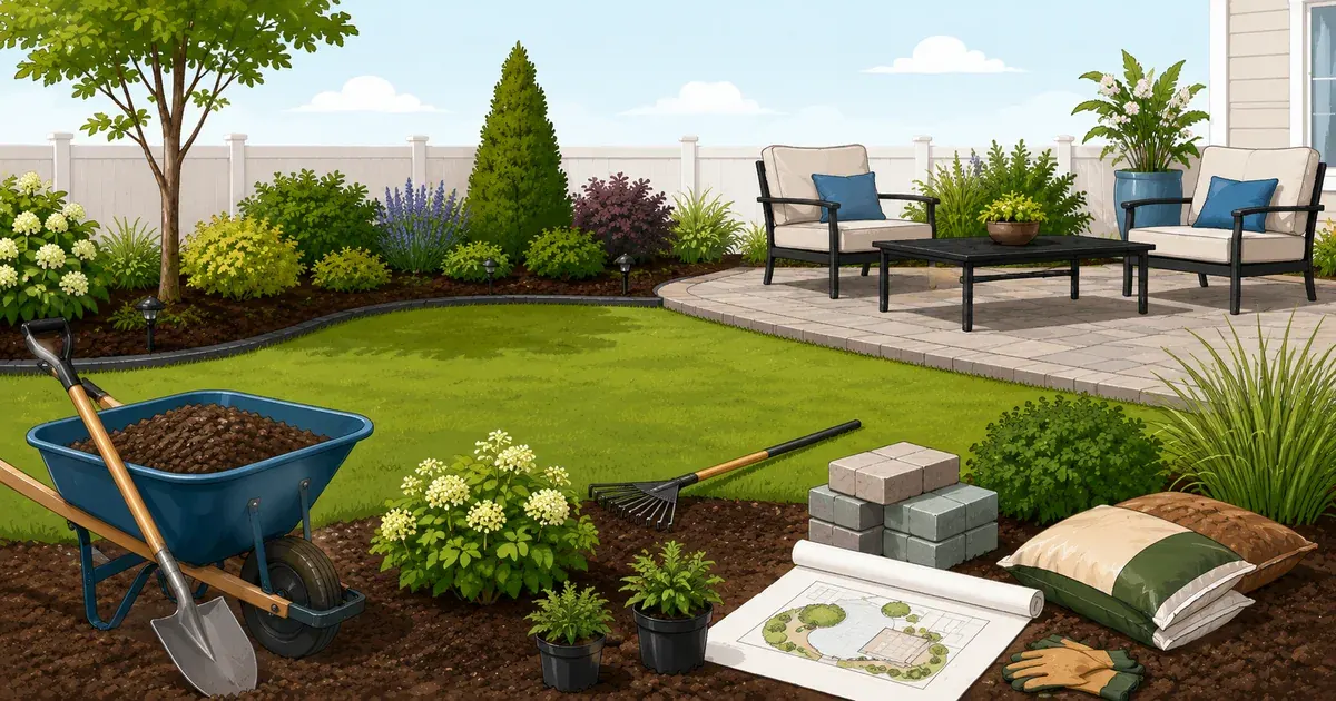 Backyard landscaping design showing lawn, planted beds, patio area, walkways, and landscape lighting in a cohesive plan