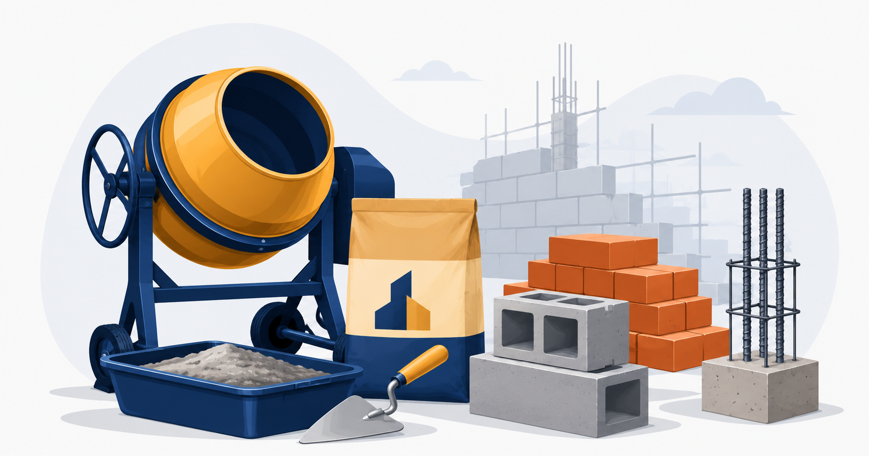 Concrete mixer, cement bag, bricks, blocks and rebar for estimating concrete projects