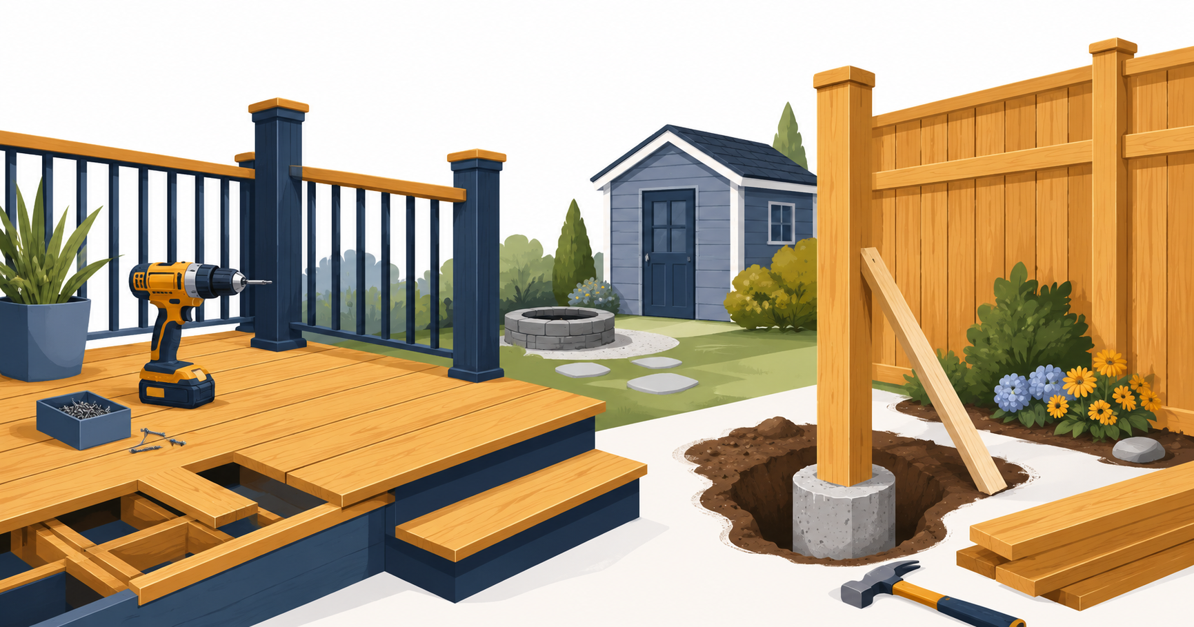Deck boards, fence posts, concrete footing and backyard construction tools