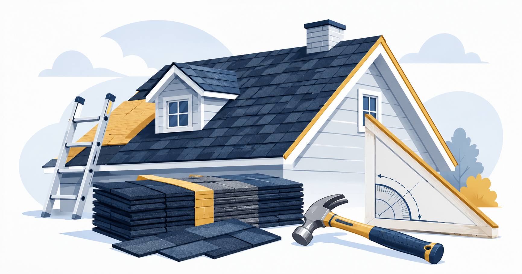 Roofing shingles, roof pitch guide, ladder and roofing tools