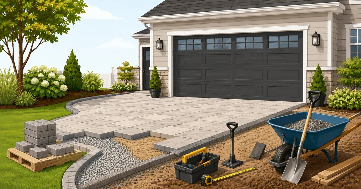 Paver driveway installation showing brick herringbone pattern, concrete curb edging, and finished residential driveway