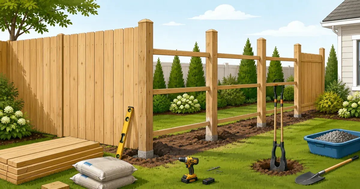 Wooden privacy fence installation with fence posts, concrete footings, horizontal rails, and finished fence panels