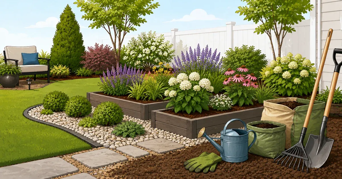 Raised garden beds with wooden frames, dark soil, vegetable plants, and pathway mulch in a backyard garden