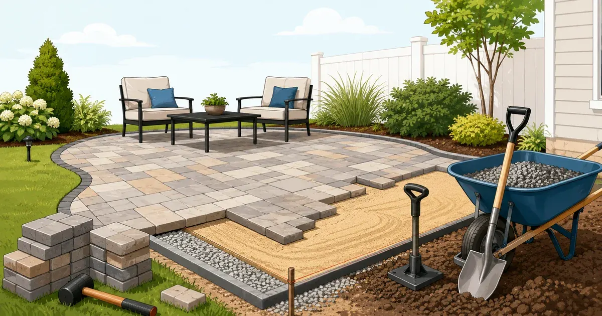 Paver patio installation showing base preparation, paver patterns, and finished surface