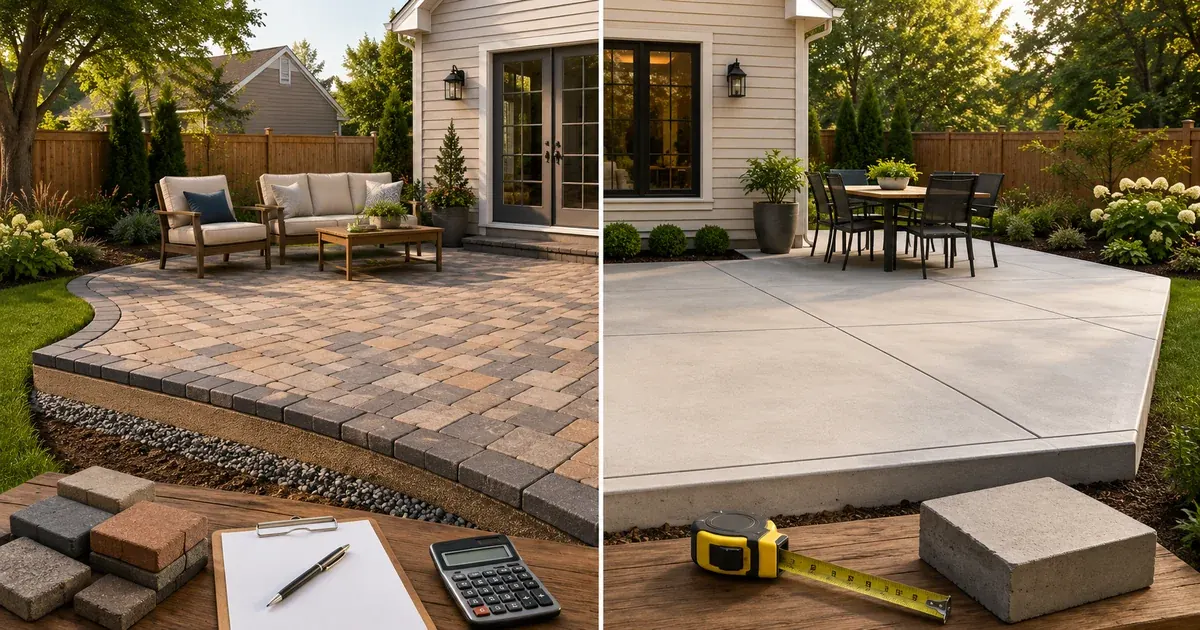 Backyard patio comparison showing paver patio and concrete patio options with estimating tools