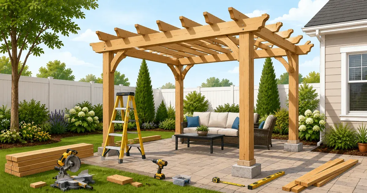 Wooden pergola construction project over a backyard patio with lumber, ladder, tools, and outdoor seating.