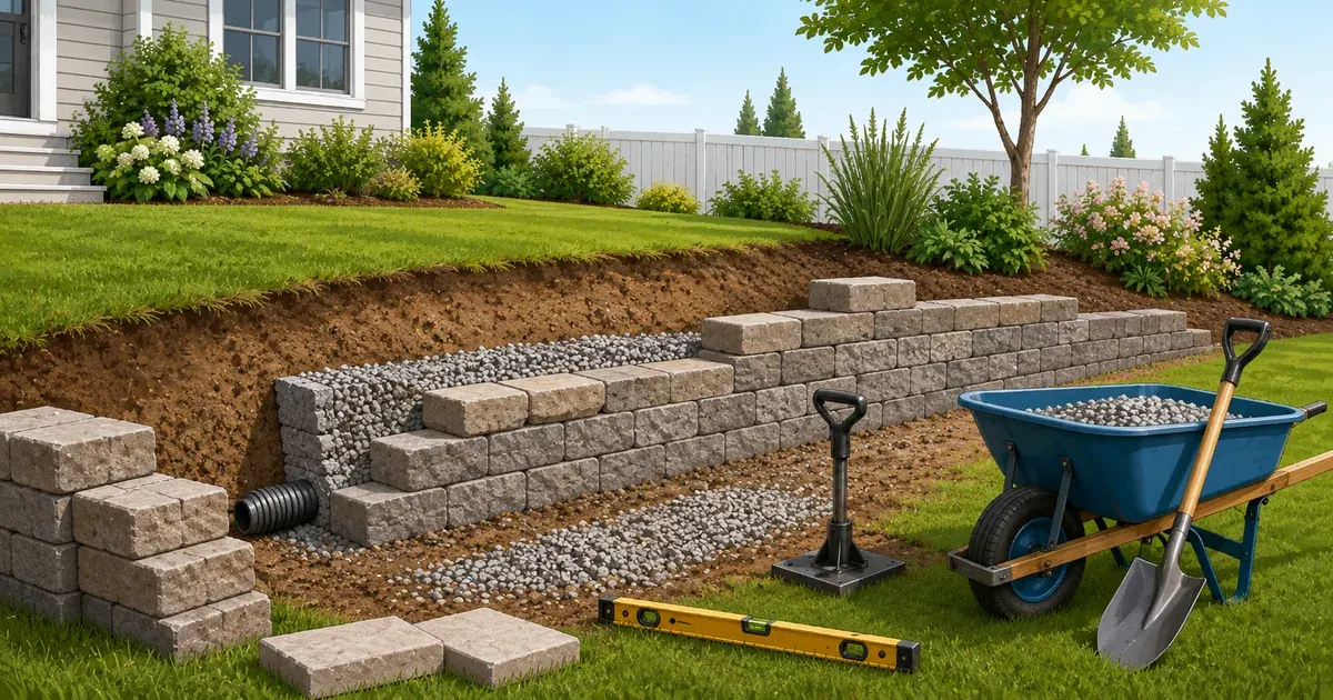 Retaining wall project with concrete blocks, gravel base, drainage pipe, and construction tools in a landscaped backyard.