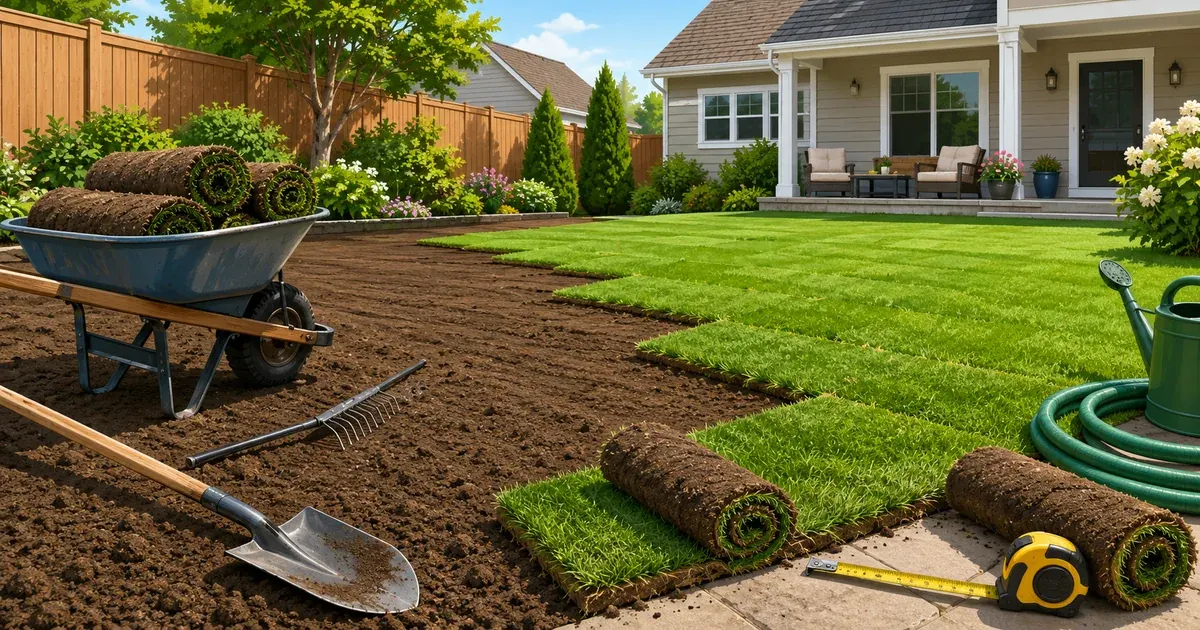 Fresh sod installation project in a suburban backyard with soil preparation, sod rolls, and lawn tools