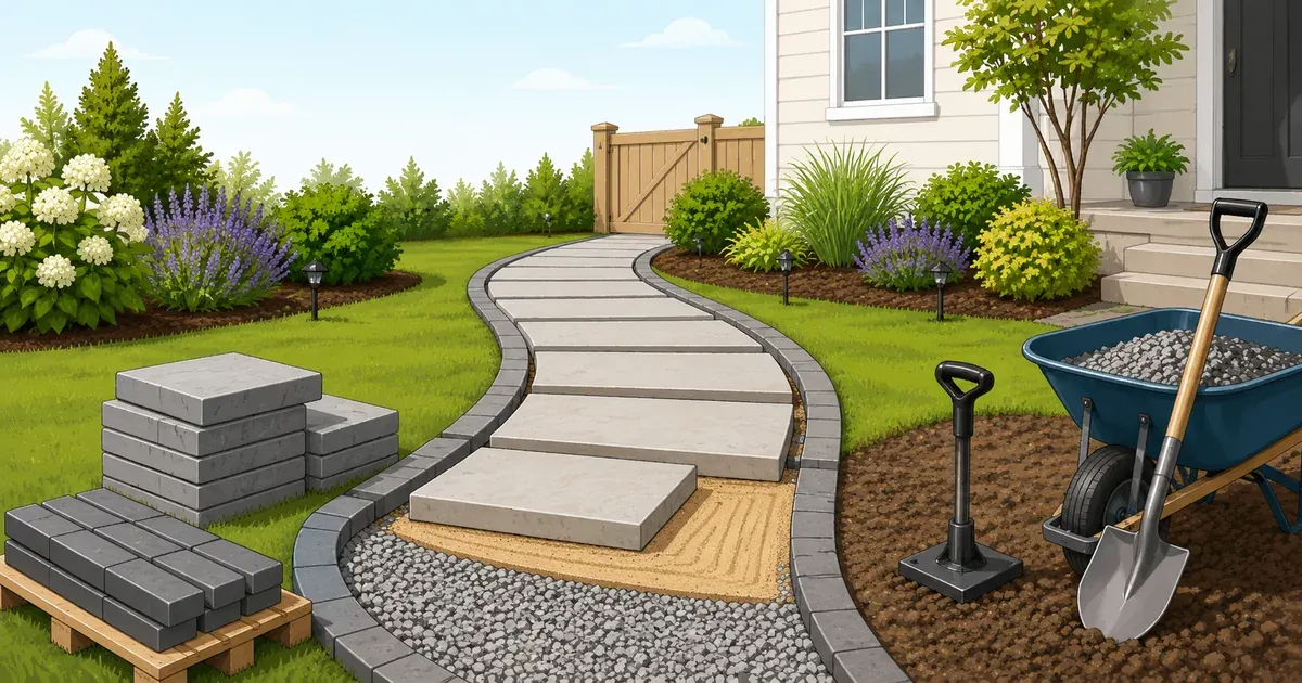 Front walkway with concrete pavers, garden edging, and pathway lighting leading to a residential front door